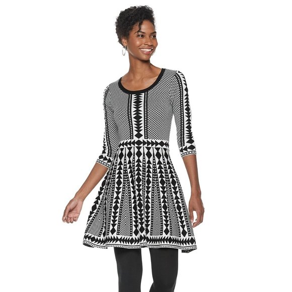 Geometric Fit Flare Sweater Dress 